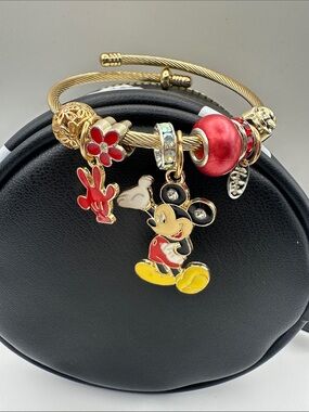 Disney Gold-Tone Mickey Mouse Charm Bracelet with Red Accents
